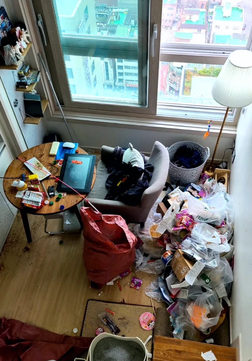 안산 호수동 복층 원룸 1층 거실 쓰레기집 청소 작업 전