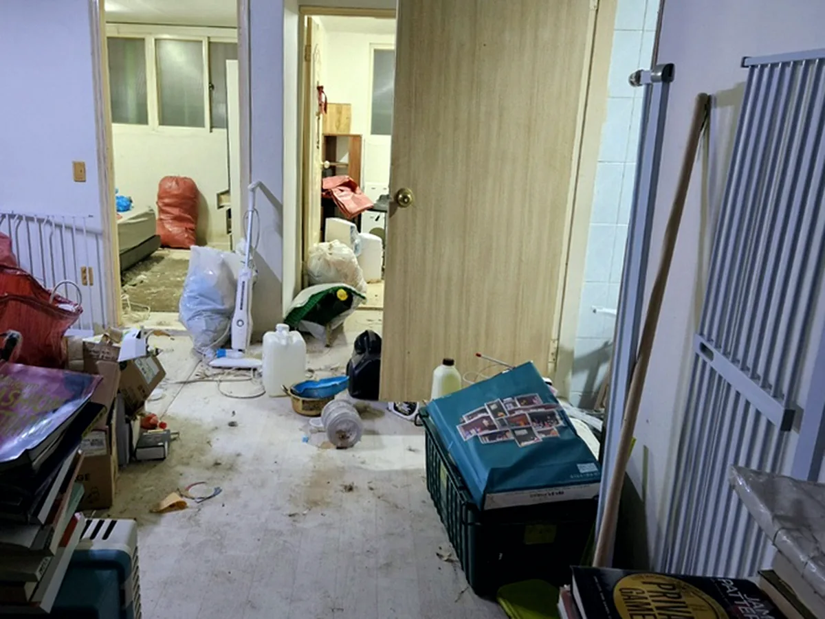 정리 전 거실 통로 — 책 더미와 초록 상자, 접힌 안전문과 건조대, 흙먼지 깔린 바닥