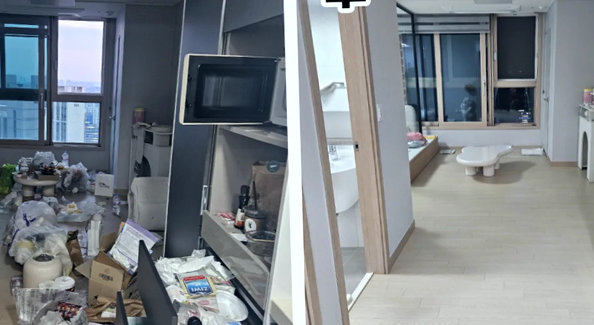 거실 정리 전후 — 배달 용기와 택배 상자가 치워진 바닥