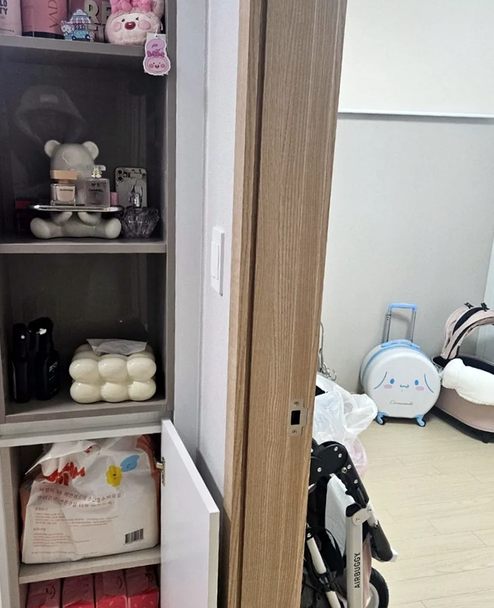 정리 후 수납장 — 아래 칸의 반려견 패드 포대와 정돈된 방