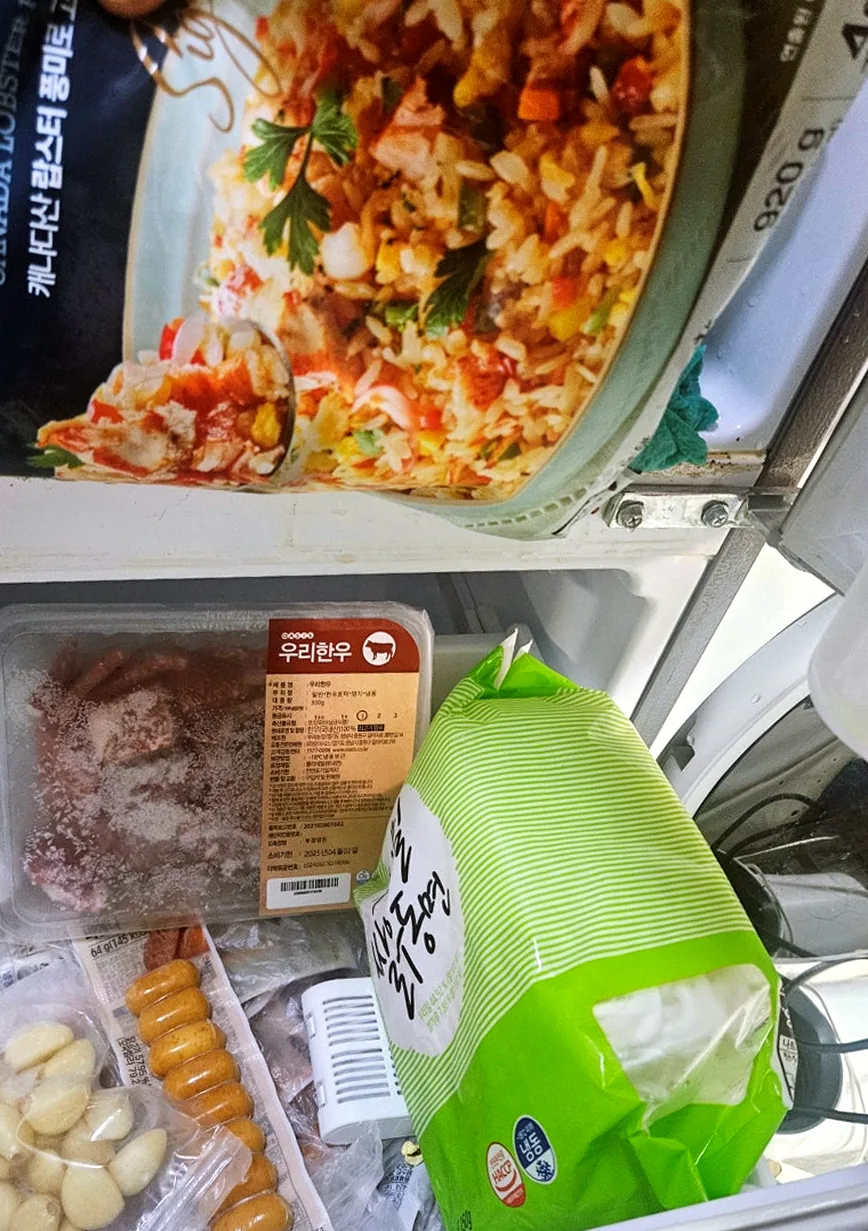 냉동실에 뒤섞인 한우 팩과 마늘, 냉동 볶음밥
